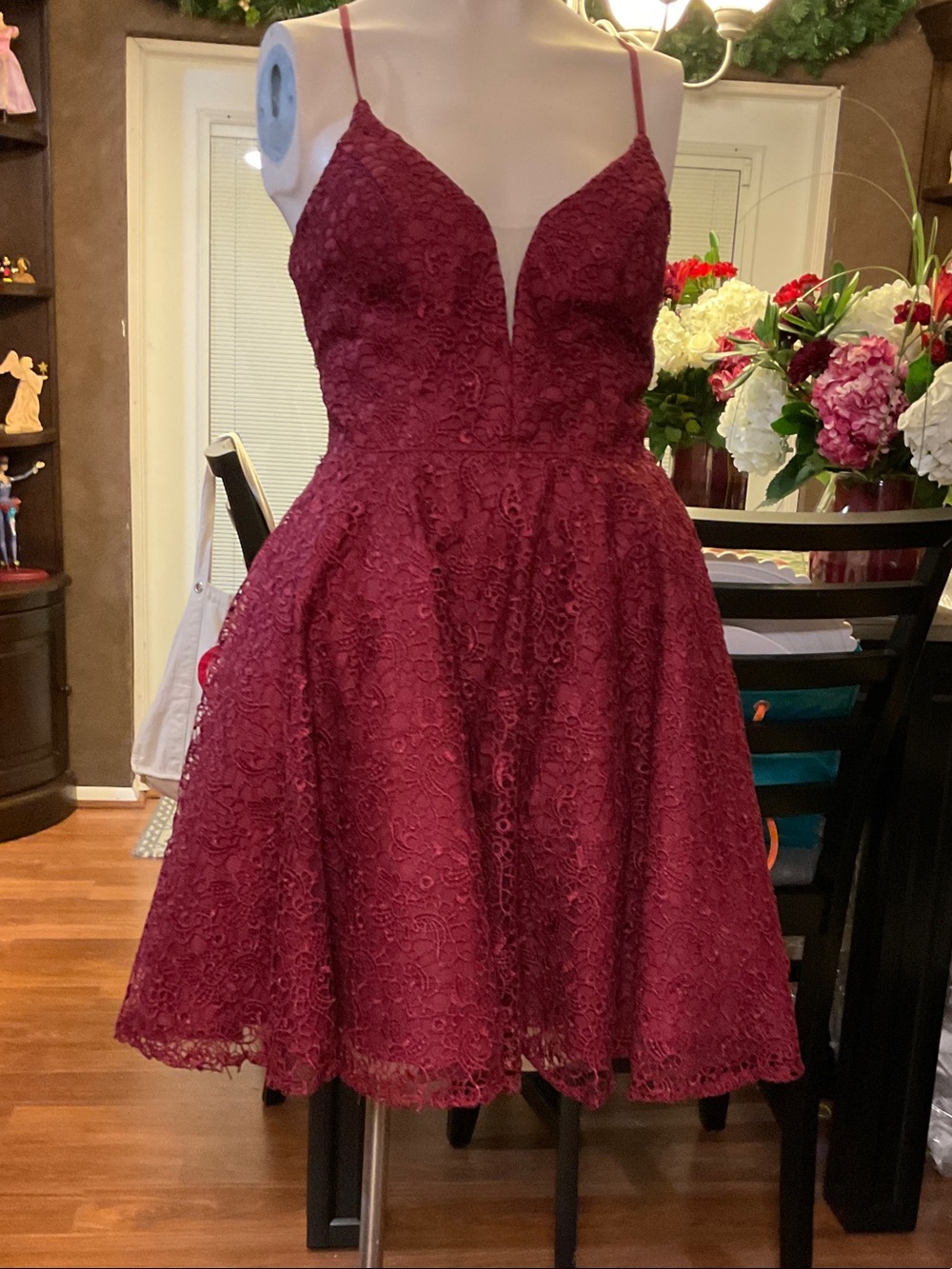 Alyce Paris Burgundy Lace Spaghetti-Strap Mini Dress